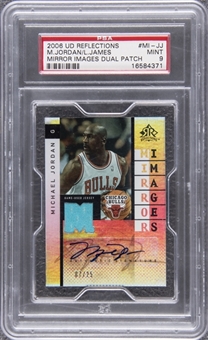 2006/07 UD Reflections Mirror Images Dual Patch #MI-JJ Michael Jordan/LeBron James Dual-Signed Game-Used Patch Card (#07/25) - PSA MINT 9